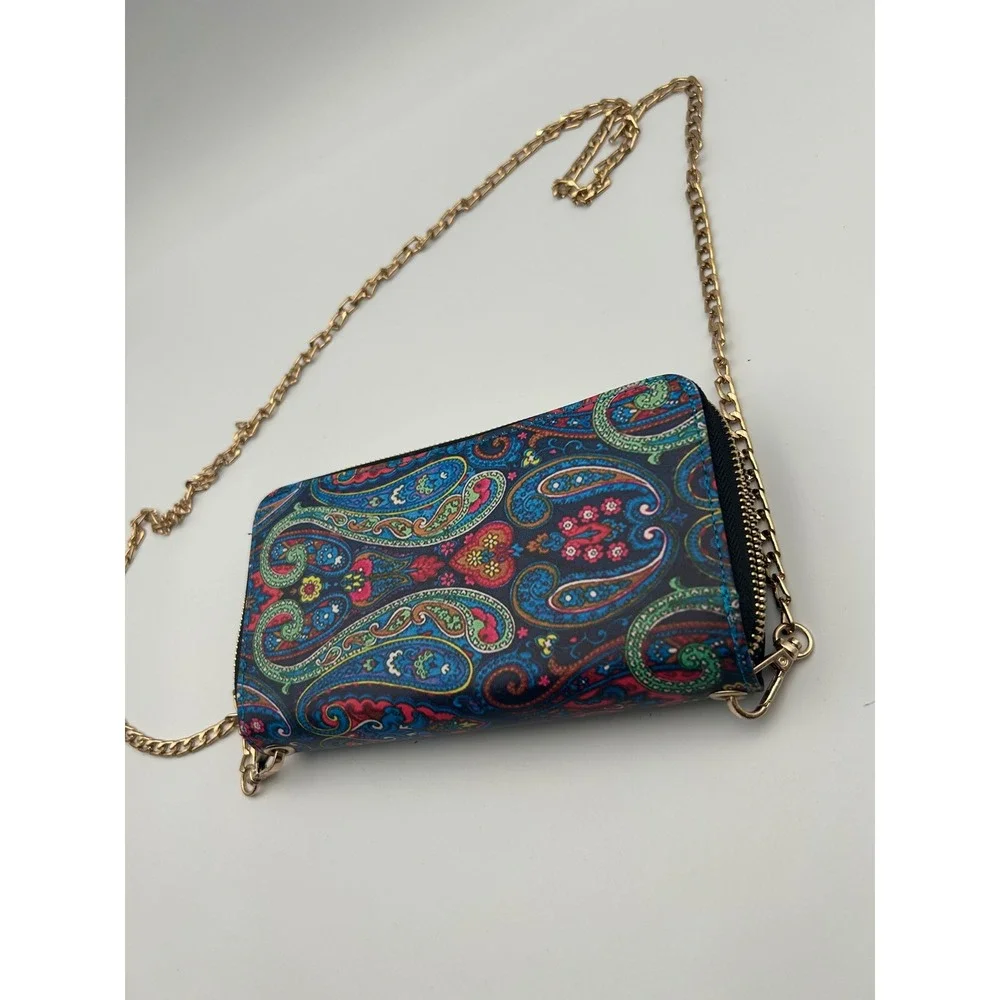 Paisley Print Wallet on a Chain Crossbody Bag Multi-Color Boho Clutch B723
